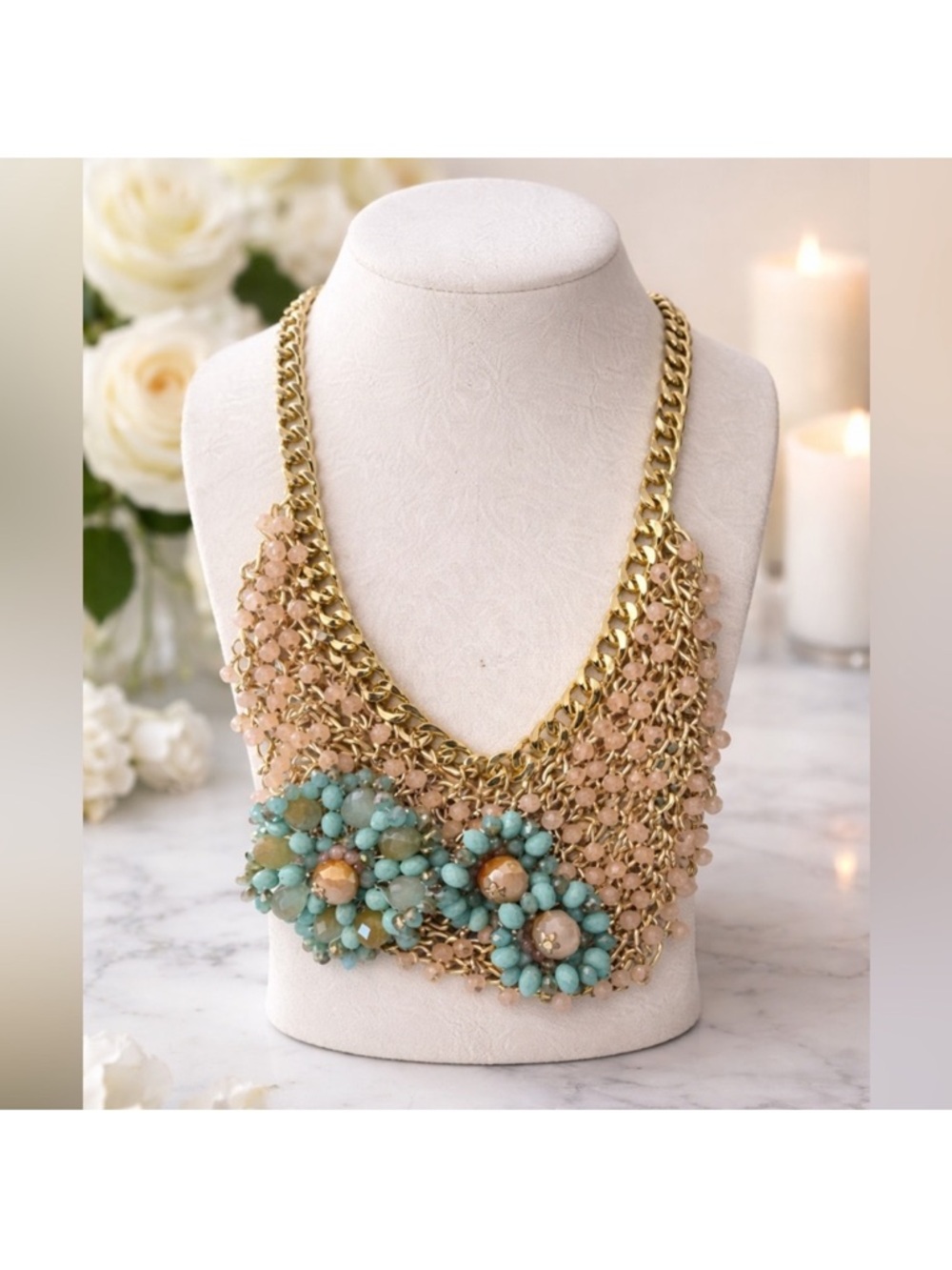 Gold Statement Necklace with Turquoise and Blush Pink Color Beads
